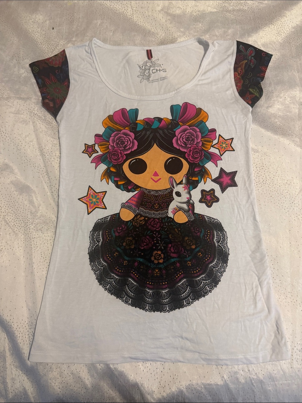 Ay Guey' White Graphic Frida-Inspired Short Sleeve Top for women size S